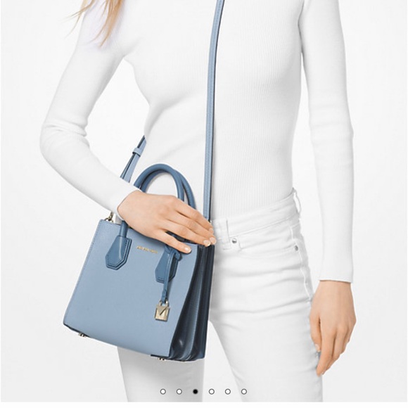 Michael Kors Blue Pebbled Leather Satchel with Gold Accents - Picture 2 of 15